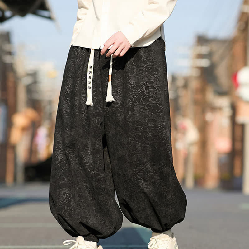 Buddha Stones Pantaloni harem da uomo in jacquard nero con coulisse e polsini elasticizzati, con tasche. - image 1