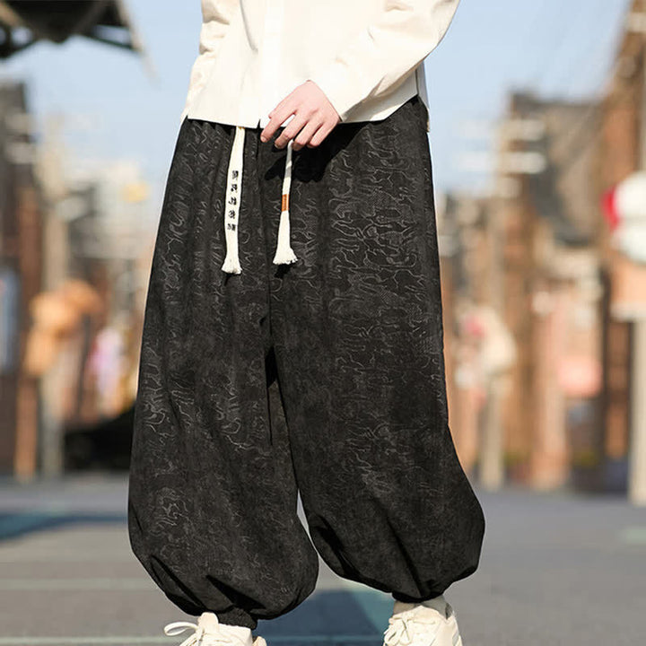 Buddha Stones Pantaloni harem da uomo in jacquard nero con coulisse e polsini elasticizzati, con tasche. - image 1