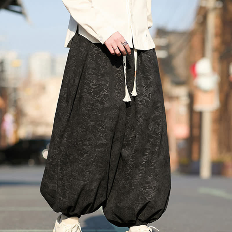 Buddha Stones Pantaloni harem da uomo in jacquard nero con coulisse e polsini elasticizzati, con tasche. - image 3