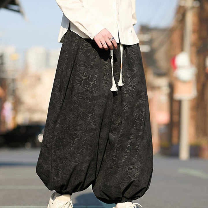 Buddha Stones Pantaloni harem da uomo in jacquard nero con coulisse e polsini elasticizzati, con tasche. - image 3
