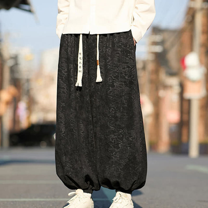 Buddha Stones Pantaloni harem da uomo in jacquard nero con coulisse e polsini elasticizzati, con tasche. - image 2