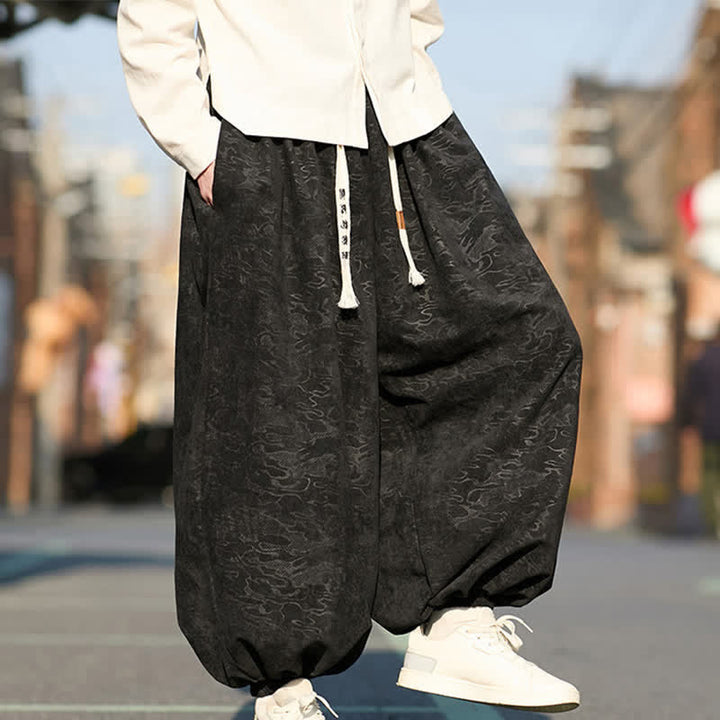 Buddha Stones Pantaloni harem da uomo in jacquard nero con coulisse e polsini elasticizzati, con tasche. - image 7
