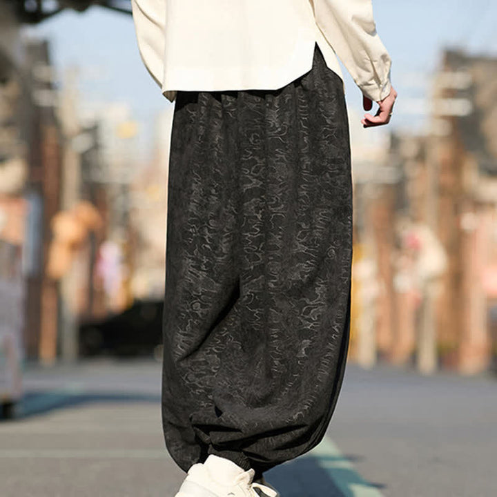 Buddha Stones Pantaloni harem da uomo in jacquard nero con coulisse e polsini elasticizzati, con tasche. - image 5