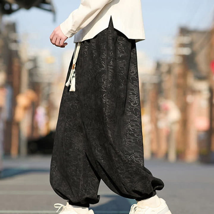 Buddha Stones Pantaloni harem da uomo in jacquard nero con coulisse e polsini elasticizzati, con tasche. - image 4