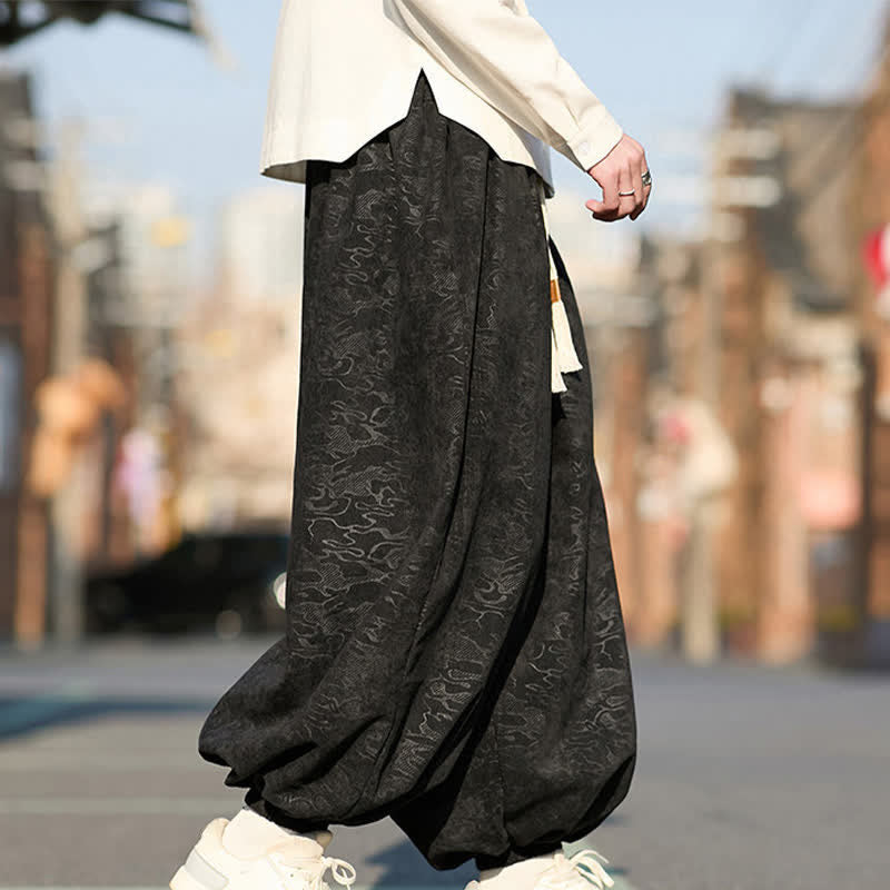 Buddha Stones Pantaloni harem da uomo in jacquard nero con coulisse e polsini elasticizzati, con tasche. - image 6