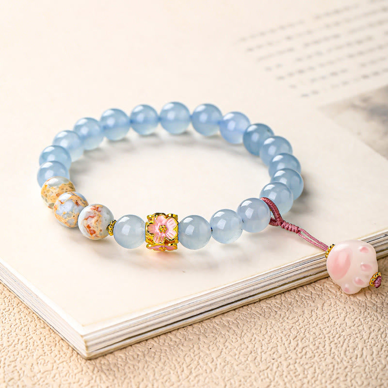 Buddha Stones Braccialetto curativo a forma di zampa di gatto con carattere Fu in calcedonio blu - image 1