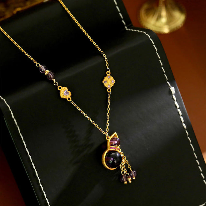 Buddha Stones Collana da meditazione con ciondolo a forma di zucca, nappa, ametista e catena in rame. - image 3