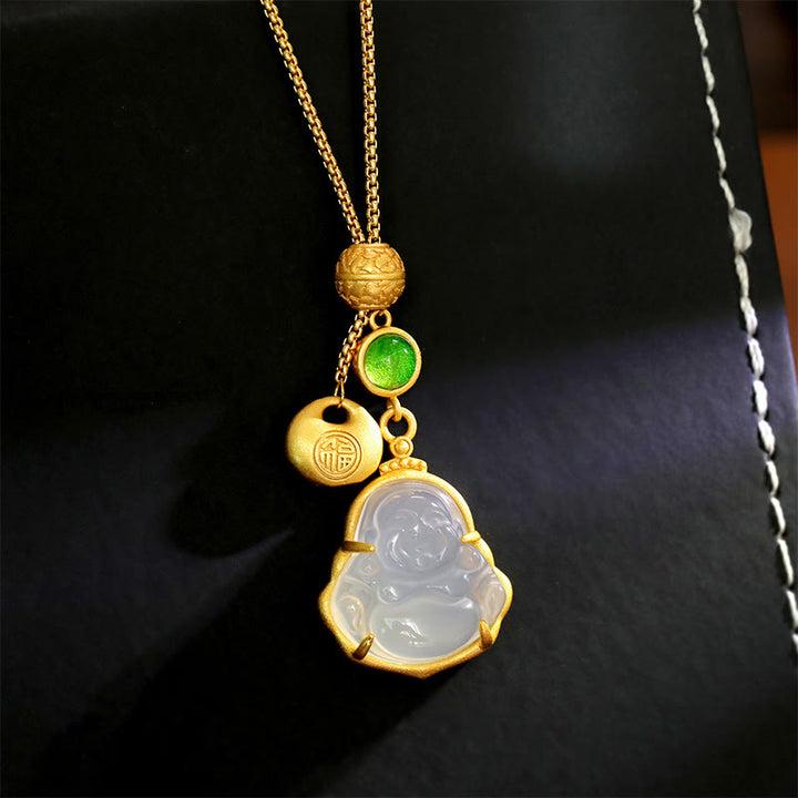 Buddha Stones Collana portafortuna con ciondolo a forma di Buddha che ride, in calcedonio e rame, con personaggio Fu. - Buddha che ride (Dimensioni: circa 4,5*2 cm) - image 0