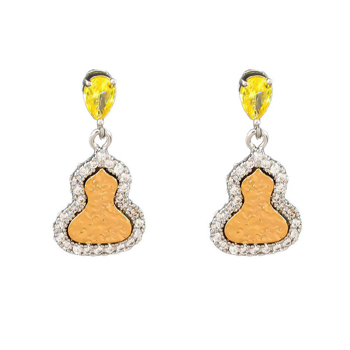 Buddha Stones Orecchini a lobo "Golden Gourd Zircon Copper Wealth" a forma di zucca dorata con ciondolo a forma di zircone. - image 6