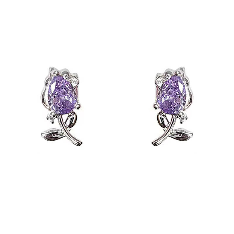 Buddha Stones Orecchini a perno curativi a forma di tulipano rosa e viola con zirconi e rame. - image 6