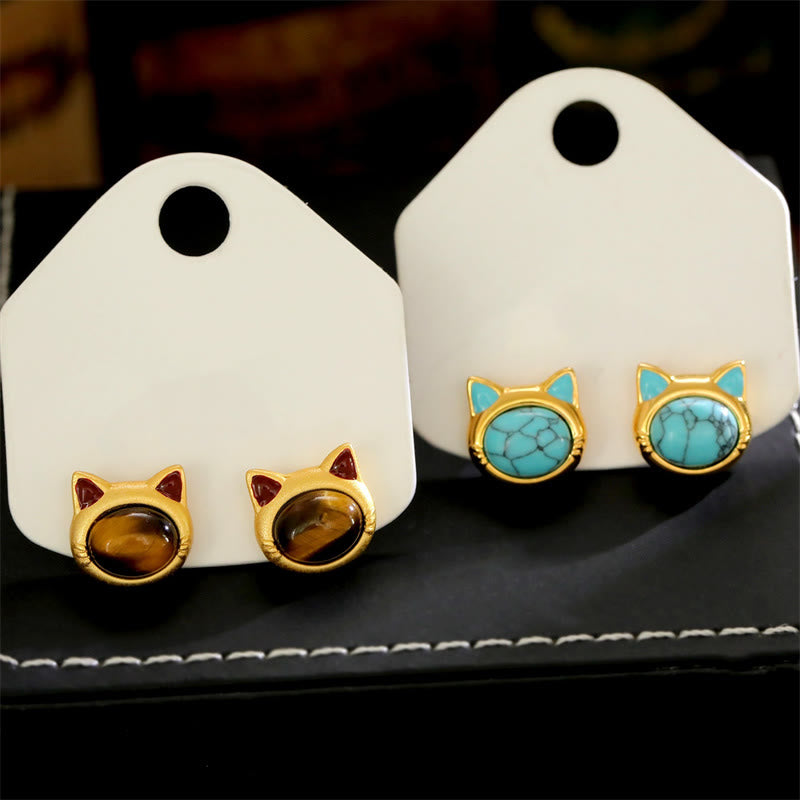 Buddha Stones Orecchini a perno con design a testa di gatto in occhio di tigre turchese e protezione in rame. - image 10