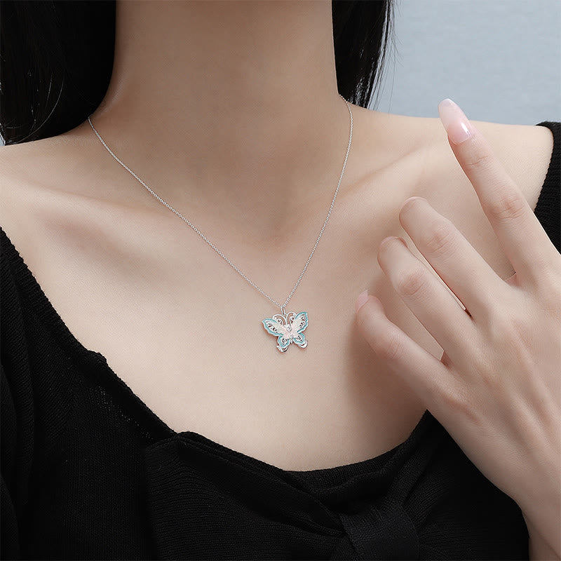 Buddha Stones Collana con ciondolo a forma di farfalla in argento sterling 999 con smalto blu e protezione. - image 3