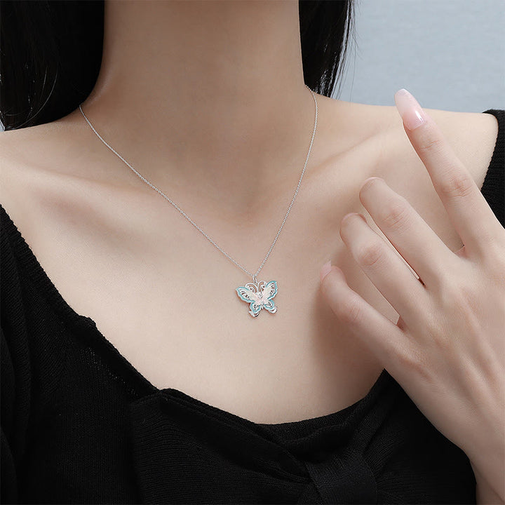 Buddha Stones Collana con ciondolo a forma di farfalla in argento sterling 999 con smalto blu e protezione. - image 3