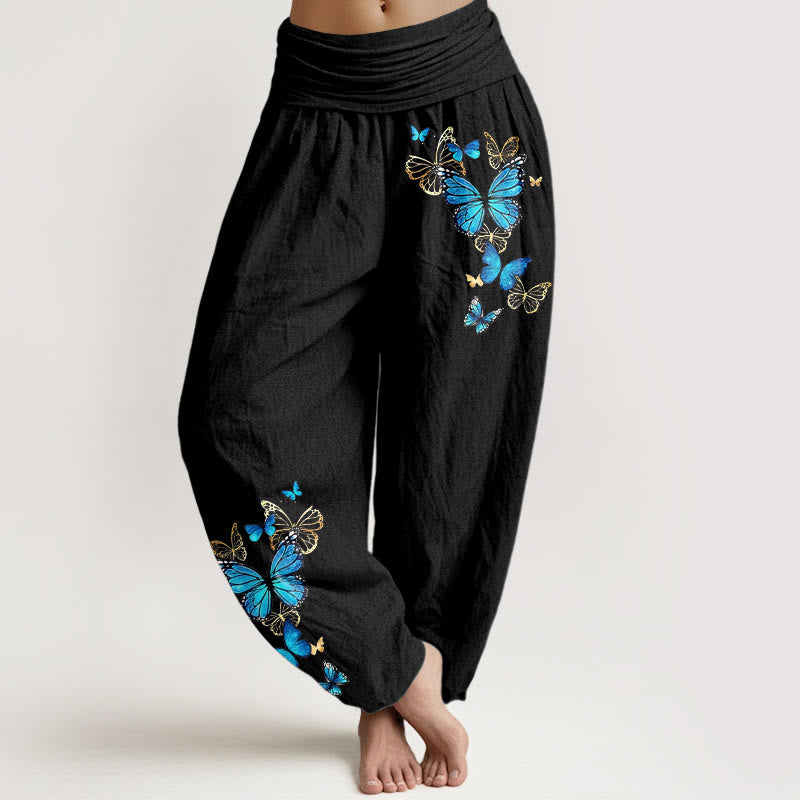 Buddha Stones Pantaloni harem da donna in cotone con fantasia a farfalle e elastico in vita. - Nero - US16, UK/AU20, EU48 (3XL) - image 0