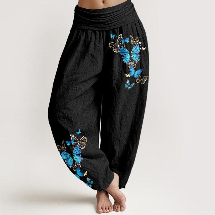 Buddha Stones Pantaloni harem da donna in cotone con fantasia a farfalle e elastico in vita. - Nero - US16, UK/AU20, EU48 (3XL) - image 0