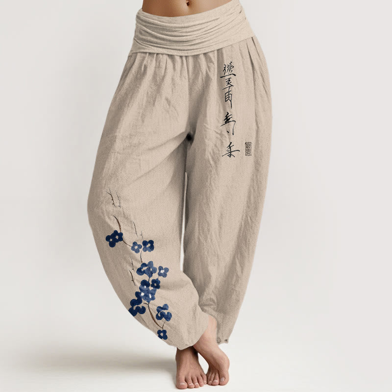 Buddha Stones Pantaloni harem da donna in cotone con elastico in vita e motivo calligrafico sul seno, colore prugna. - Tan - US16, UK/AU20, EU48 (3XL) - image 0