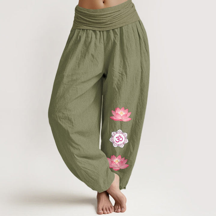 Buddha Stones Pantaloni harem da donna in cotone con motivo a fiore di loto Om e vita elasticizzata - Verde oliva - US16, UK/AU20, EU48 (3XL) - image 14