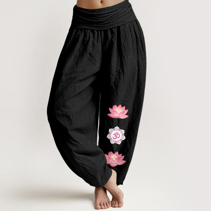 Buddha Stones Pantaloni harem da donna in cotone con motivo a fiore di loto Om e vita elasticizzata - Nero - US16, UK/AU20, EU48 (3XL) - image 5