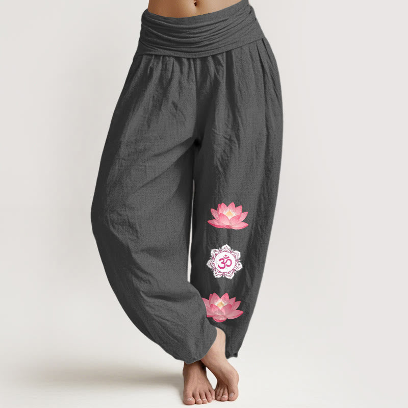 Buddha Stones Pantaloni harem da donna in cotone con motivo a fiore di loto Om e vita elasticizzata - Grigio tenue - US16, UK/AU20, EU48 (3XL) - image 8