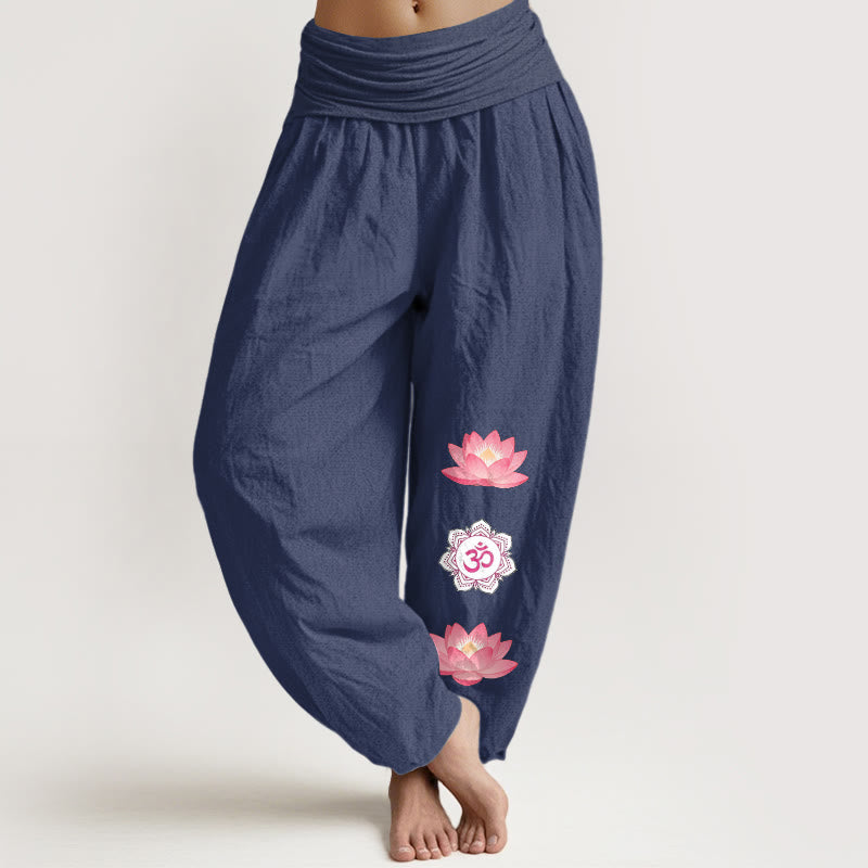 Buddha Stones Pantaloni harem da donna in cotone con motivo a fiore di loto Om e vita elasticizzata - Blu ardesia scuro - US16, UK/AU20, EU48 (3XL) - image 0