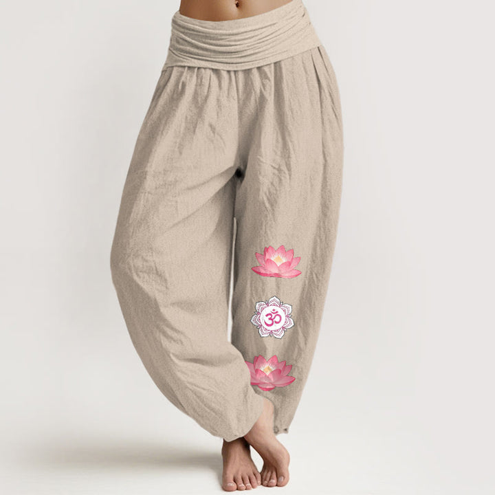 Buddha Stones Pantaloni harem da donna in cotone con motivo a fiore di loto Om e vita elasticizzata - Tan - US16, UK/AU20, EU48 (3XL) - image 11