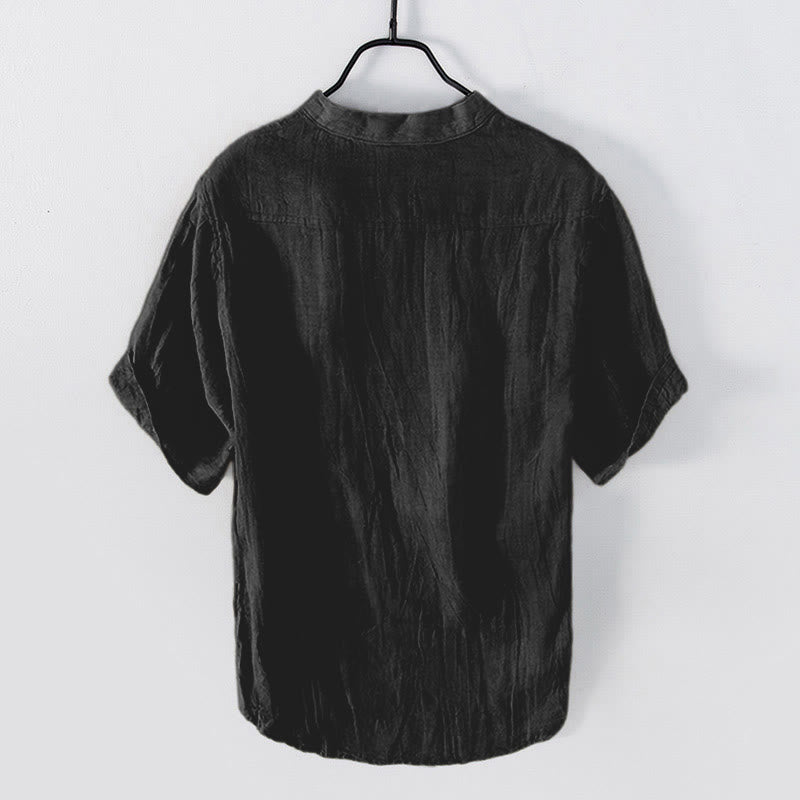 Camicia a maniche corte con bottoni a tinta unita Buddha Stones in cotone e lino per uomo - image 22