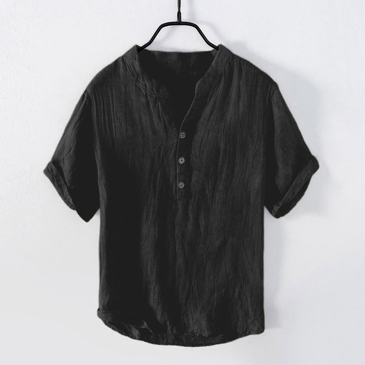 Camicia a maniche corte con bottoni a tinta unita Buddha Stones in cotone e lino per uomo - manica corta - Nero - US/UK/AU50, EU60 (5XL) - image 21