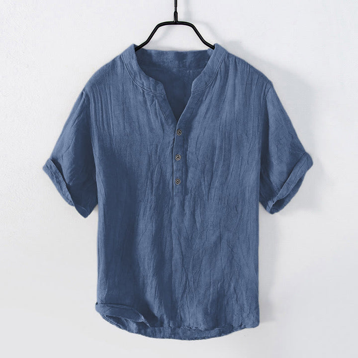 Camicia a maniche corte con bottoni a tinta unita Buddha Stones in cotone e lino per uomo - manica corta - SteelBlue - US/UK/AU50, EU60 (5XL) - image 23
