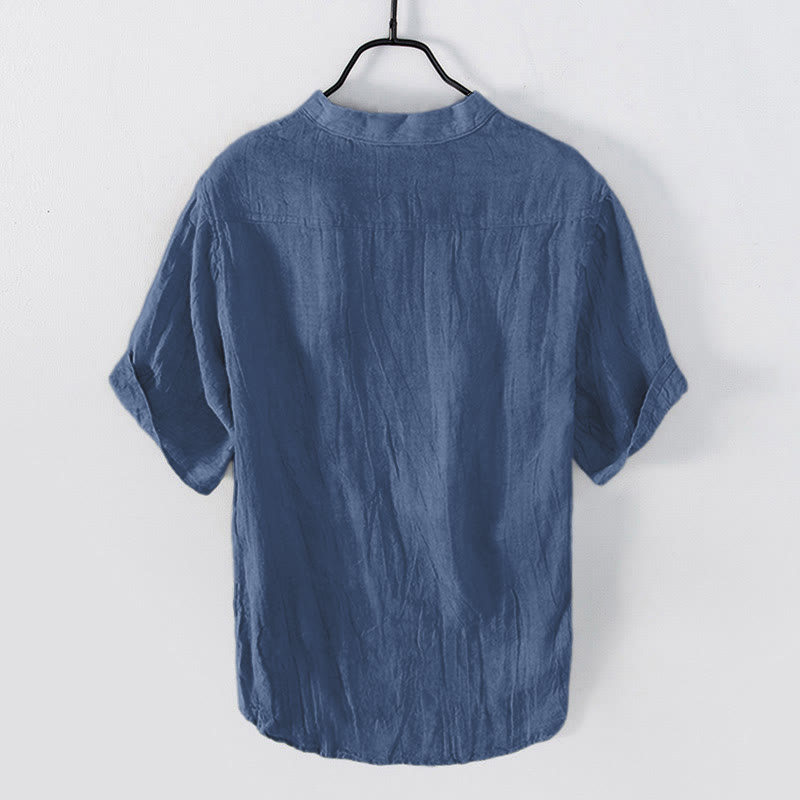Camicia a maniche corte con bottoni a tinta unita Buddha Stones in cotone e lino per uomo - image 24