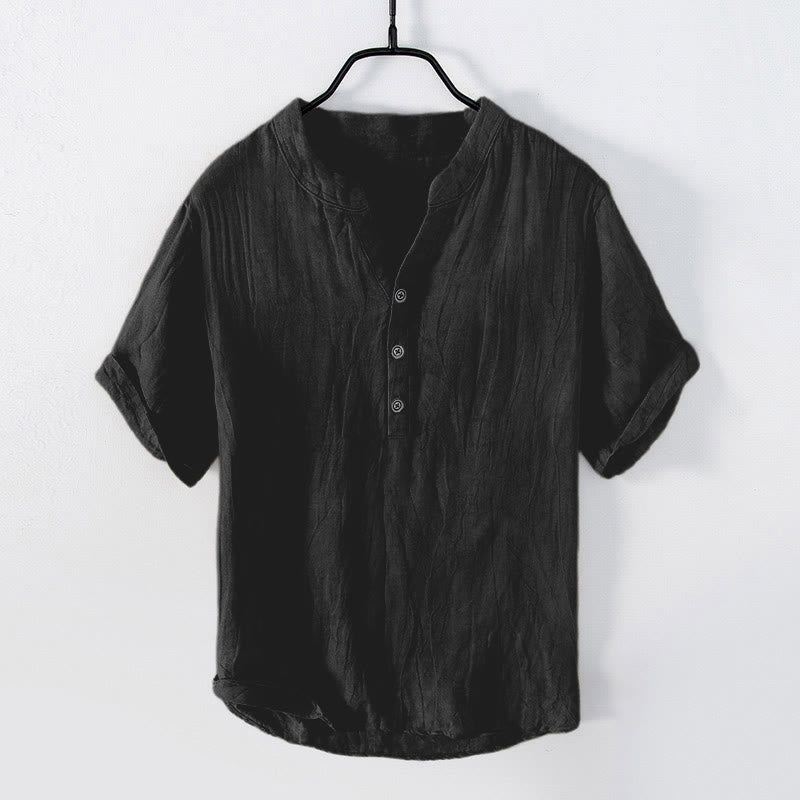 Camicia a maniche corte con bottoni a tinta unita Buddha Stones in cotone e lino per uomo - Manica corta - Nero - US/UK/AU50, EU60 (5XL) - image 21