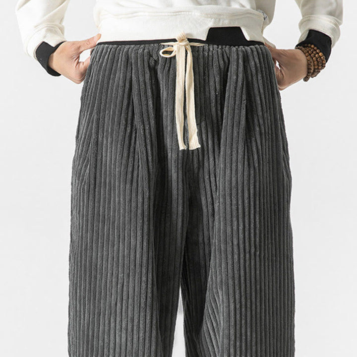 Pantaloni harem da uomo in velluto a coste con coulisse e tasche, stile retrò invernale, modello Buddha Stones - image 5