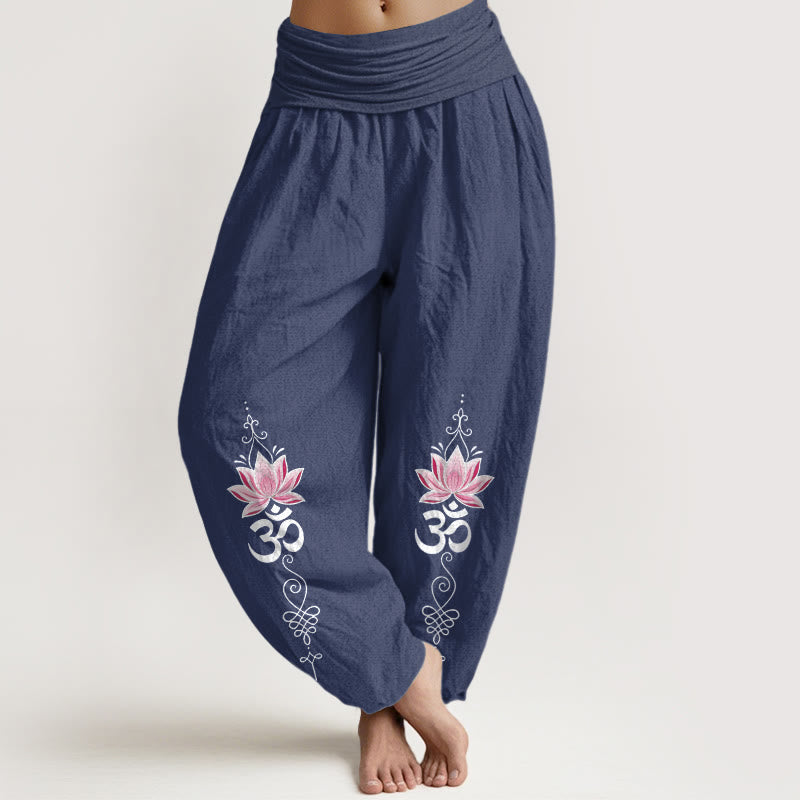 Buddha Stones Pantaloni harem da donna in cotone con motivo a fiore di loto e scritta OM in sanscrito, con elastico in vita. - Blu ardesia scuro - US16, UK/AU20, EU48 (3XL) - image 8