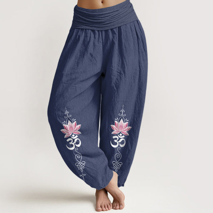 Buddha Stones Pantaloni harem da donna in cotone con motivo a fiore di loto e scritta OM in sanscrito, con elastico in vita. - Blu ardesia scuro - US16, UK/AU20, EU48 (3XL) - image 8