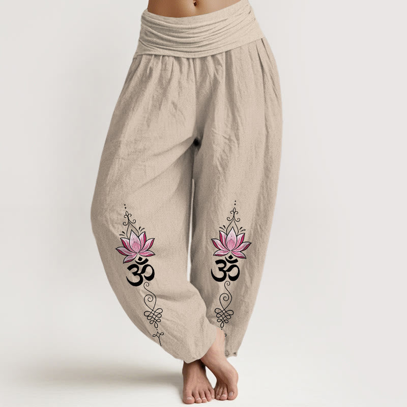 Buddha Stones Pantaloni harem da donna in cotone con motivo a fiore di loto e scritta OM in sanscrito, con elastico in vita. - Tan - US16, UK/AU20, EU48 (3XL) - image 14