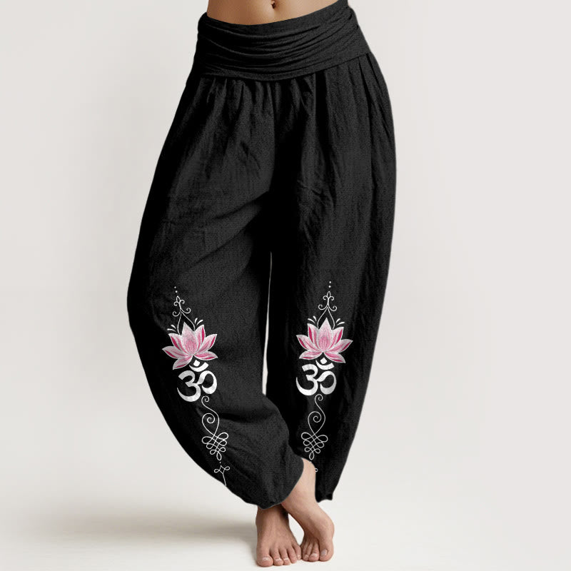 Buddha Stones Pantaloni harem da donna in cotone con motivo a fiore di loto e scritta OM in sanscrito, con elastico in vita. - Nero - US16, UK/AU20, EU48 (3XL) - image 5