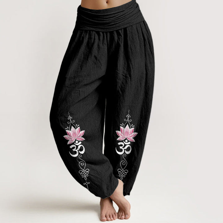 Buddha Stones Pantaloni harem da donna in cotone con motivo a fiore di loto e scritta OM in sanscrito, con elastico in vita. - Nero - US16, UK/AU20, EU48 (3XL) - image 5