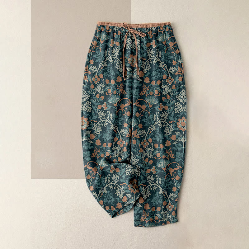 Buddha Stones Pantaloni da donna in cotone casual con elastico in vita e motivo floreale a foglie e viticci, con tasche. - Cadetto Blu - US16, UK/AU20, EU48 (3XL) - image 0