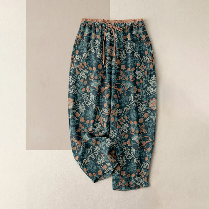 Buddha Stones Pantaloni da donna in cotone casual con elastico in vita e motivo floreale a foglie e viticci, con tasche. - Cadetto Blu - US16, UK/AU20, EU48 (3XL) - image 0