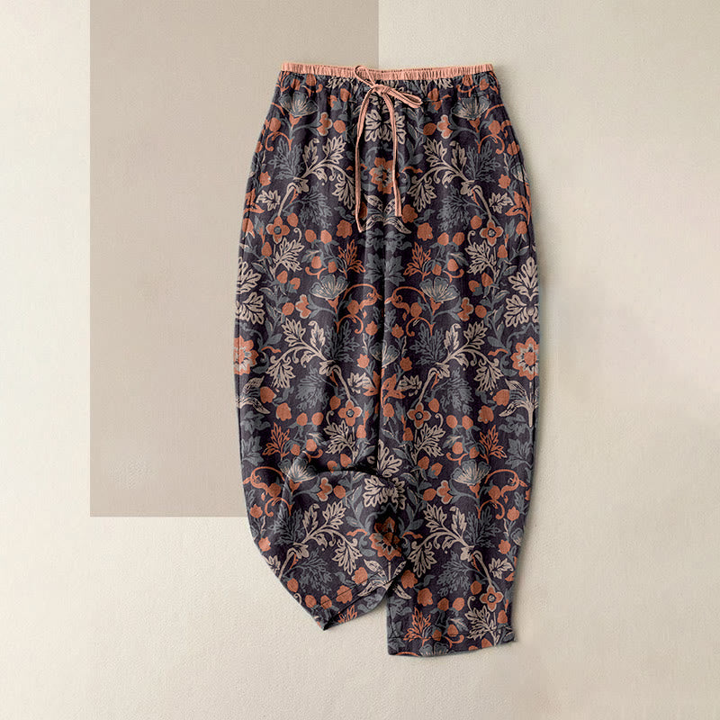 Buddha Stones Pantaloni da donna in cotone casual con elastico in vita e motivo floreale a foglie e viticci, con tasche. - Marrone rosato - US16, UK/AU20, EU48 (3XL) - image 4