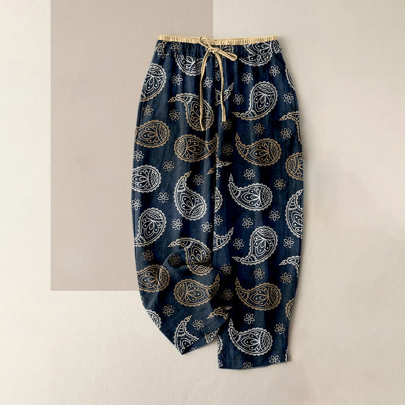 Buddha Stones Pantaloni da donna in puro cotone con elegante fantasia paisley, elastico in vita e tasche. - Blu scuro - US16, UK/AU20, EU48 (3XL) - image 0