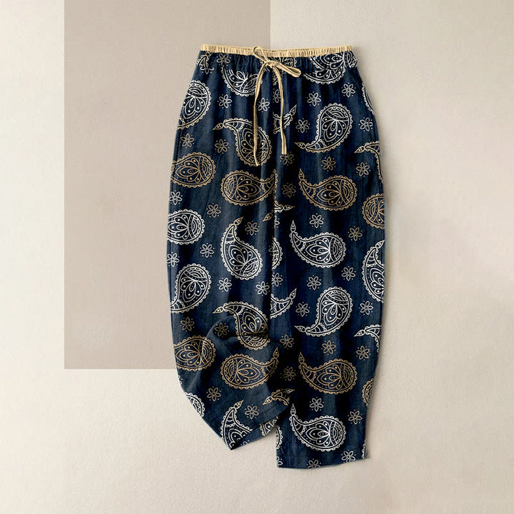 Buddha Stones Pantaloni da donna in puro cotone con elegante fantasia paisley, elastico in vita e tasche. - Blu scuro - US16, UK/AU20, EU48 (3XL) - image 0