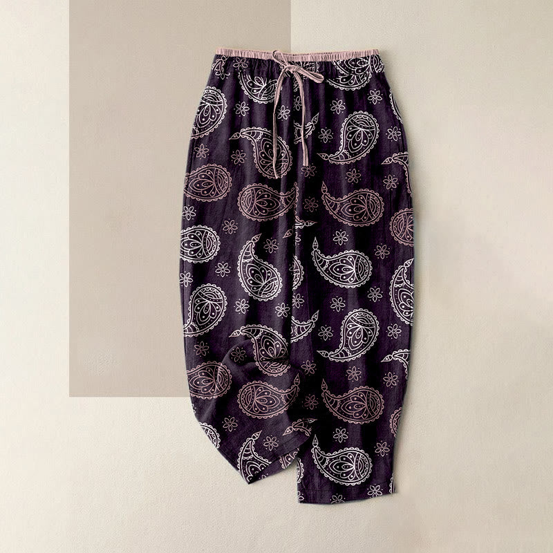 Buddha Stones Pantaloni da donna in puro cotone con elegante fantasia paisley, elastico in vita e tasche. - Viola - US16, UK/AU20, EU48 (3XL) - image 4