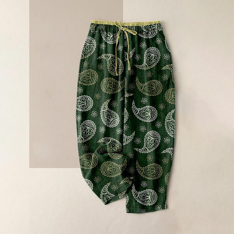 Buddha Stones Pantaloni da donna in puro cotone con elegante fantasia paisley, elastico in vita e tasche. - Verde scuro - US16, UK/AU20, EU48 (3XL) - image 5