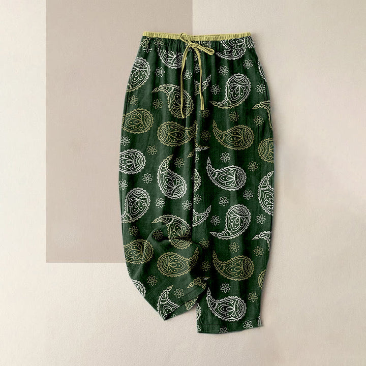 Buddha Stones Pantaloni da donna in puro cotone con elegante fantasia paisley, elastico in vita e tasche. - Verde scuro - US16, UK/AU20, EU48 (3XL) - image 5