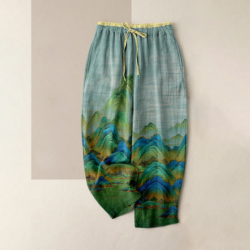 Buddha Stones Pantaloni da donna in puro cotone con elastico in vita e tasche, fantasia paesaggistica naturale. - Turchese pallido - US16, UK/AU20, EU48 (3XL) - image 0