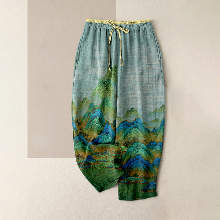 Buddha Stones Pantaloni da donna in puro cotone con elastico in vita e tasche, fantasia paesaggistica naturale. - Turchese pallido - US16, UK/AU20, EU48 (3XL) - image 0