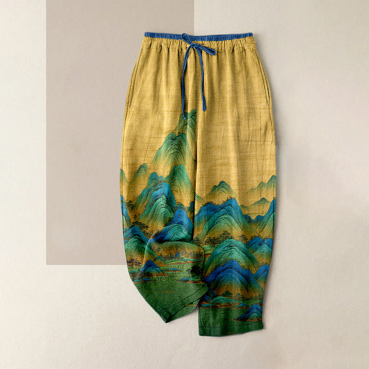 Buddha Stones Pantaloni da donna in puro cotone con elastico in vita e tasche, fantasia paesaggistica naturale. - Verga d'oro - US16, UK/AU20, EU48 (3XL) - image 5