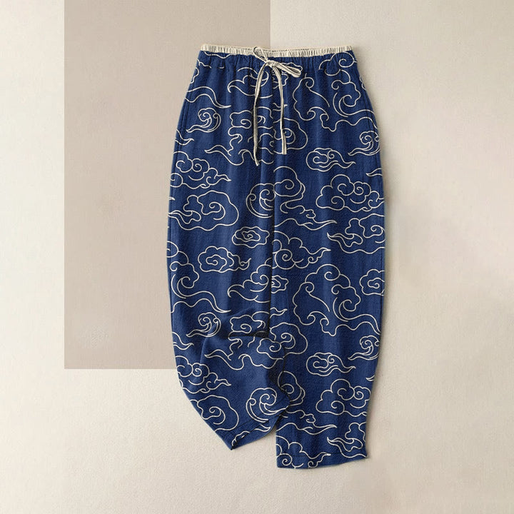 Buddha Stones Pantaloni da donna in puro cotone, casual, con motivo nuvole di buon auspicio, vita elasticizzata e tasche. - Blu notte - US16, UK/AU20, EU48 (3XL) - image 0