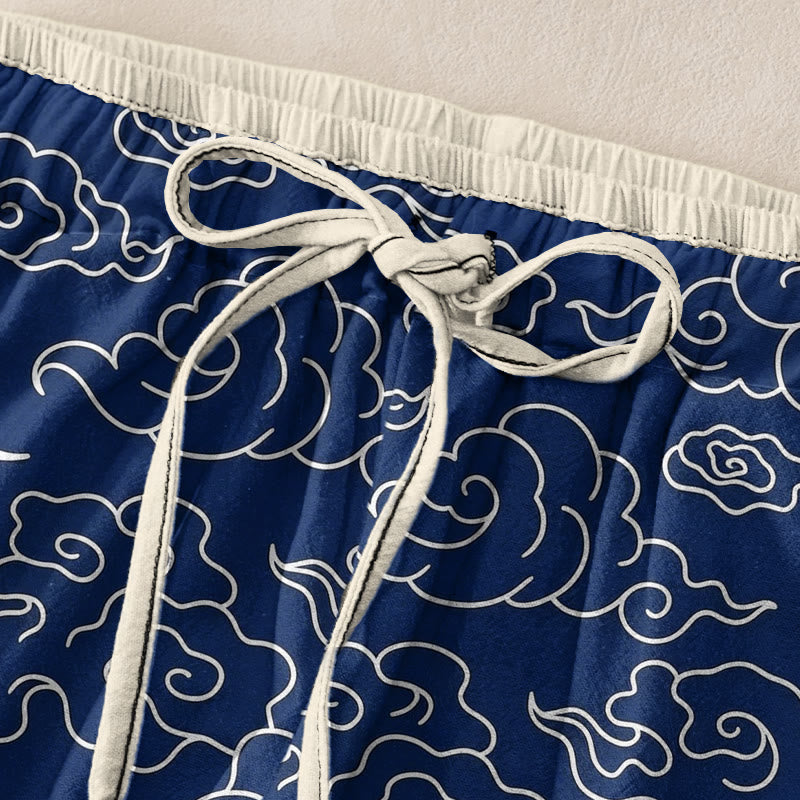 Buddha Stones Pantaloni da donna in puro cotone, casual, con motivo nuvole di buon auspicio, vita elasticizzata e tasche. - image 1