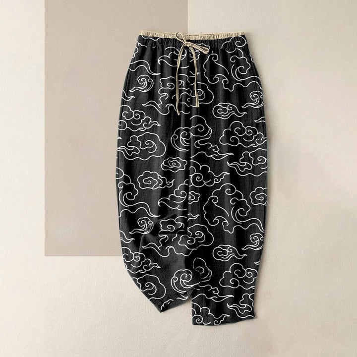 Buddha Stones Pantaloni da donna in puro cotone, casual, con motivo nuvole di buon auspicio, vita elasticizzata e tasche. - Nero - US16, UK/AU20, EU48 (3XL) - image 4